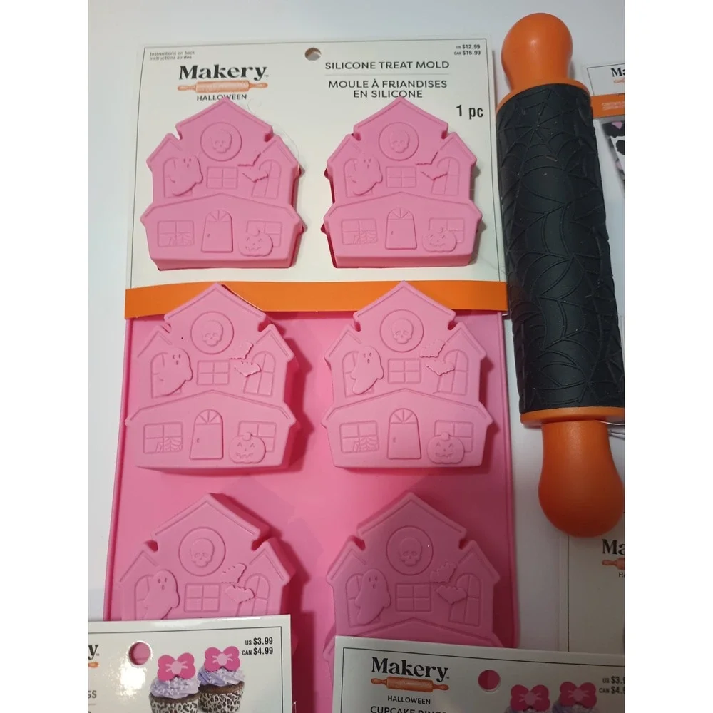 Makery Halloween Baking Lot Pink Haunted House Silicone Mold Rolling Pin Bags